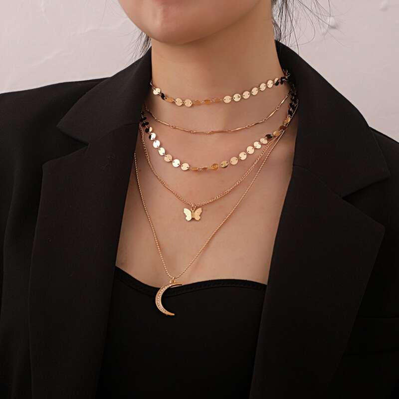 

Moon Charm Layered Necklace, Gold