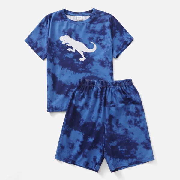 

Boys Dinosaur Print Tie Dye Tee And Shorts, Blue