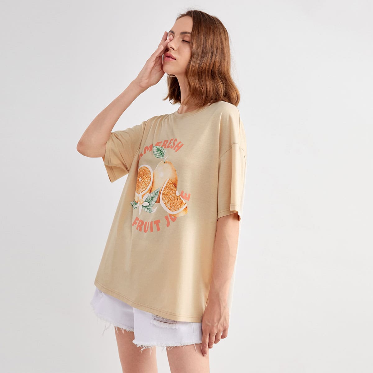 

Letter Fruit Graphic Oversized Tee, Khaki