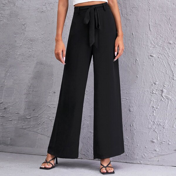 

Wide Leg Solid Pants, Black