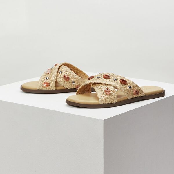 

SHELL DECOR STRAW DESIGN SLIDE SANDALS, Apricot