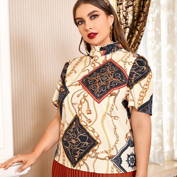 

Plus Chain Print Frill Neck Top, Multicolor