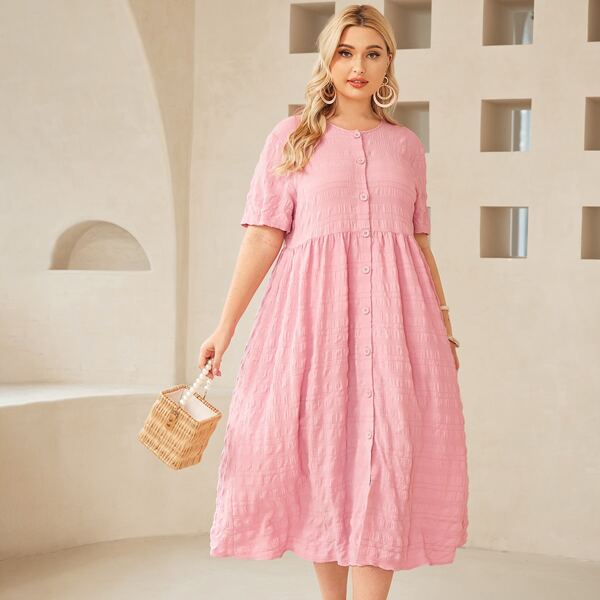 

Plus Button Front Crinkle Dress, Baby pink