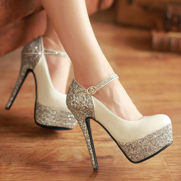 

Glitter Decor Ultra High Heeled Pumps, White