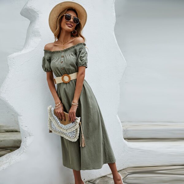 

Puff Sleeve Frill Trim Button Front Dress, Army green