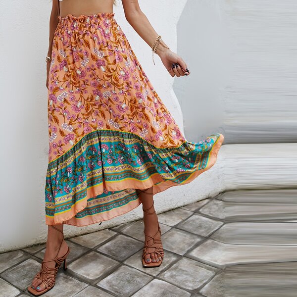 

Floral Ruffle Hem A-line Skirt, Multicolor