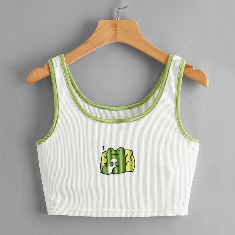 

Frog Graphic Ringer Ribbed Tank Top, White