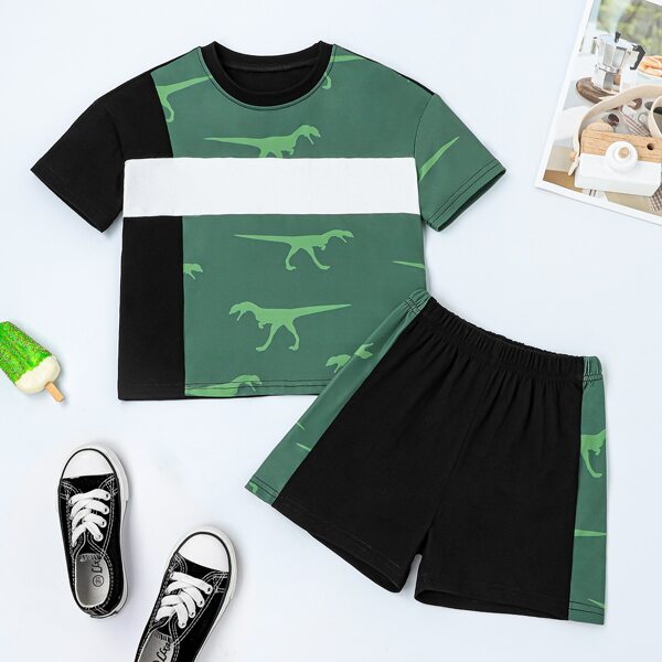 

Toddler Boys Dinosaur Print Spliced Tee With Shorts, Multicolor