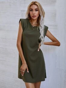 Solid Shoulder Pad Dress - Army Green - View 1