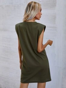Solid Shoulder Pad Dress - Army Green - View 2