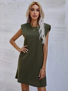 Solid Shoulder Pad Dress - Army Green - View 4
