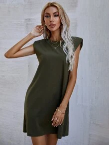 Solid Shoulder Pad Dress - Army Green - View 5