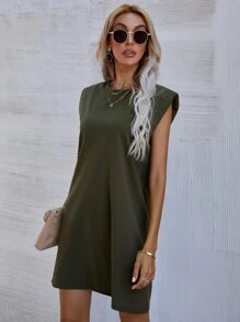 Solid Shoulder Pad Dress - Army Green - View 6