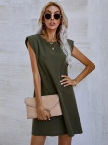 Solid Shoulder Pad Dress - Army Green - View 7