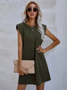 Solid Shoulder Pad Dress - Army Green - View 8