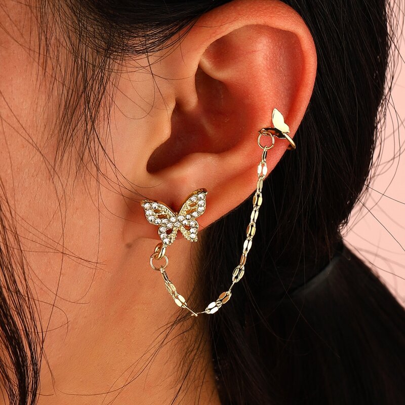 

Rhinestone Butterfly Chain Design Stud Earrings, Gold