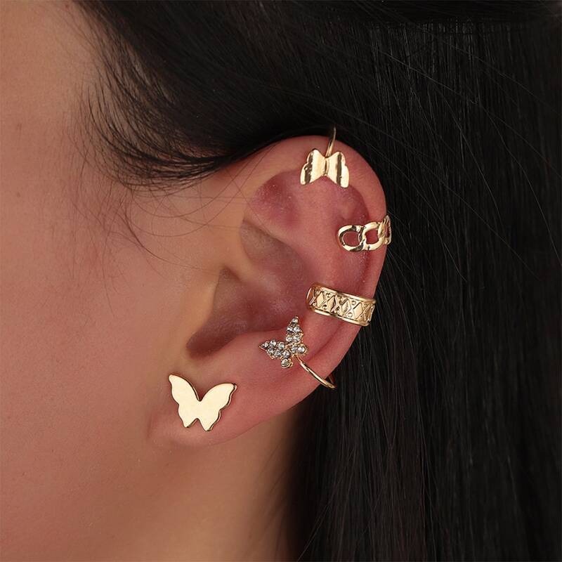 

5pcs Rhinestone Butterfly Earring Set, Gold