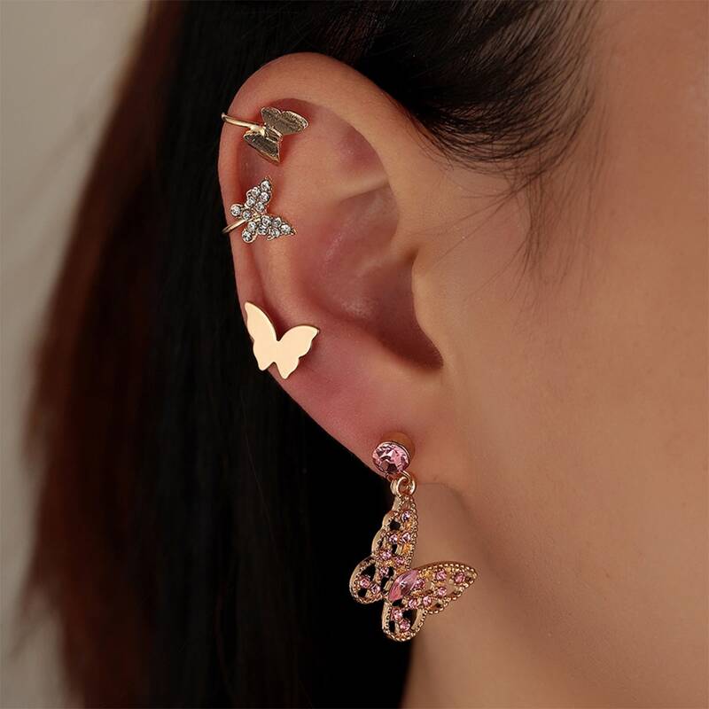 

4pcs Rhinestone Butterfly Earring Set, Gold