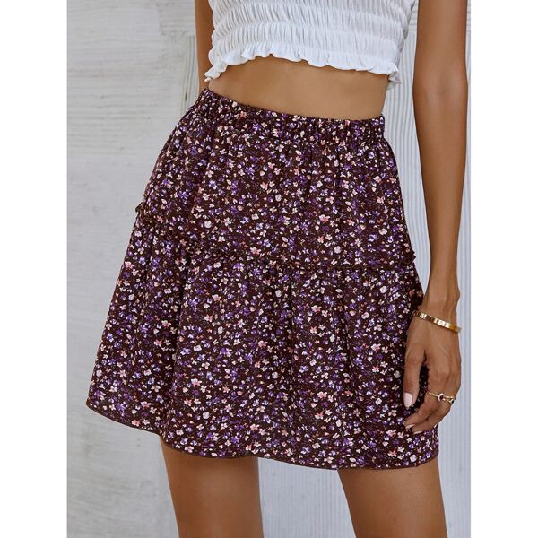 

Allover Floral Print Lettuce Trim Skirt, Multicolor