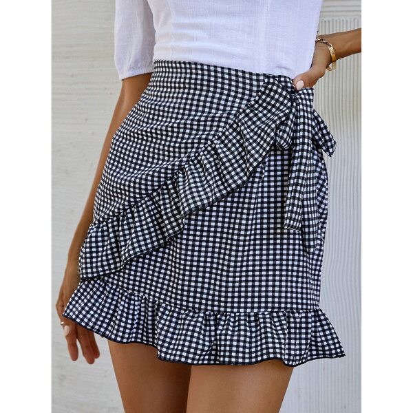 

Gingham Print Ruffle Trim Zip Back Skirt, Black and white