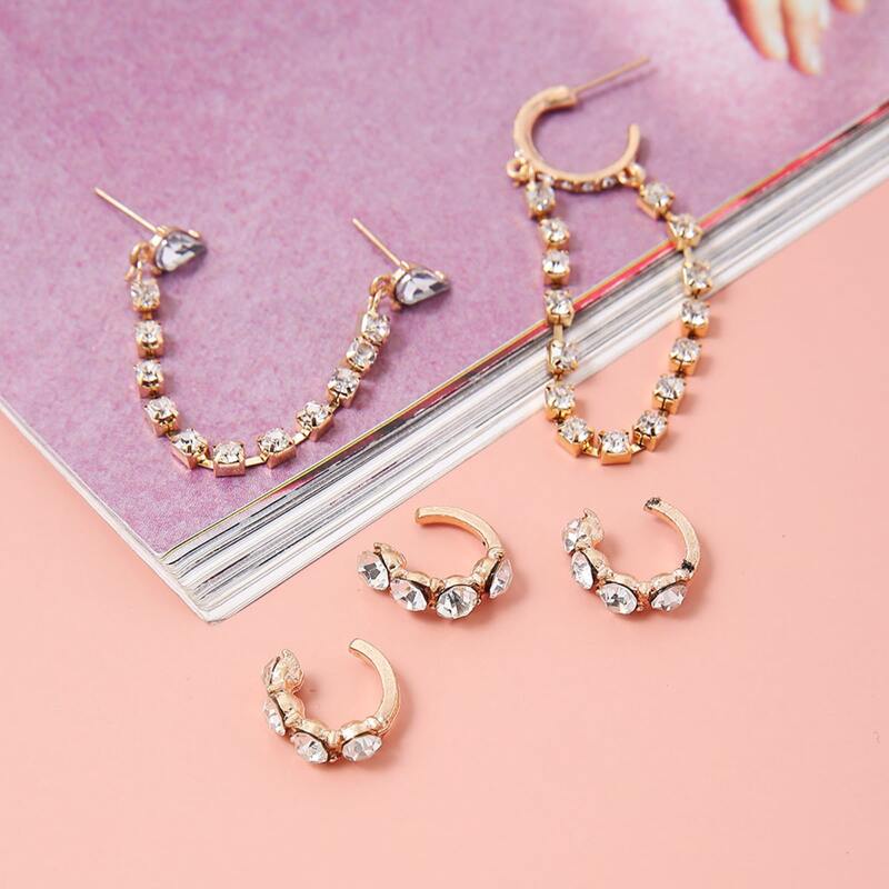 

5pcs Rhinestone Tassel Earring Set, Gold
