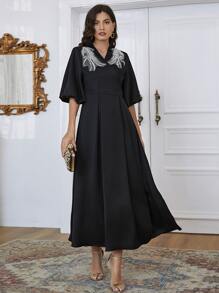 Modelyn Rhinestone Beaded Tie Back Surplice A-line Dress - Black - View 1