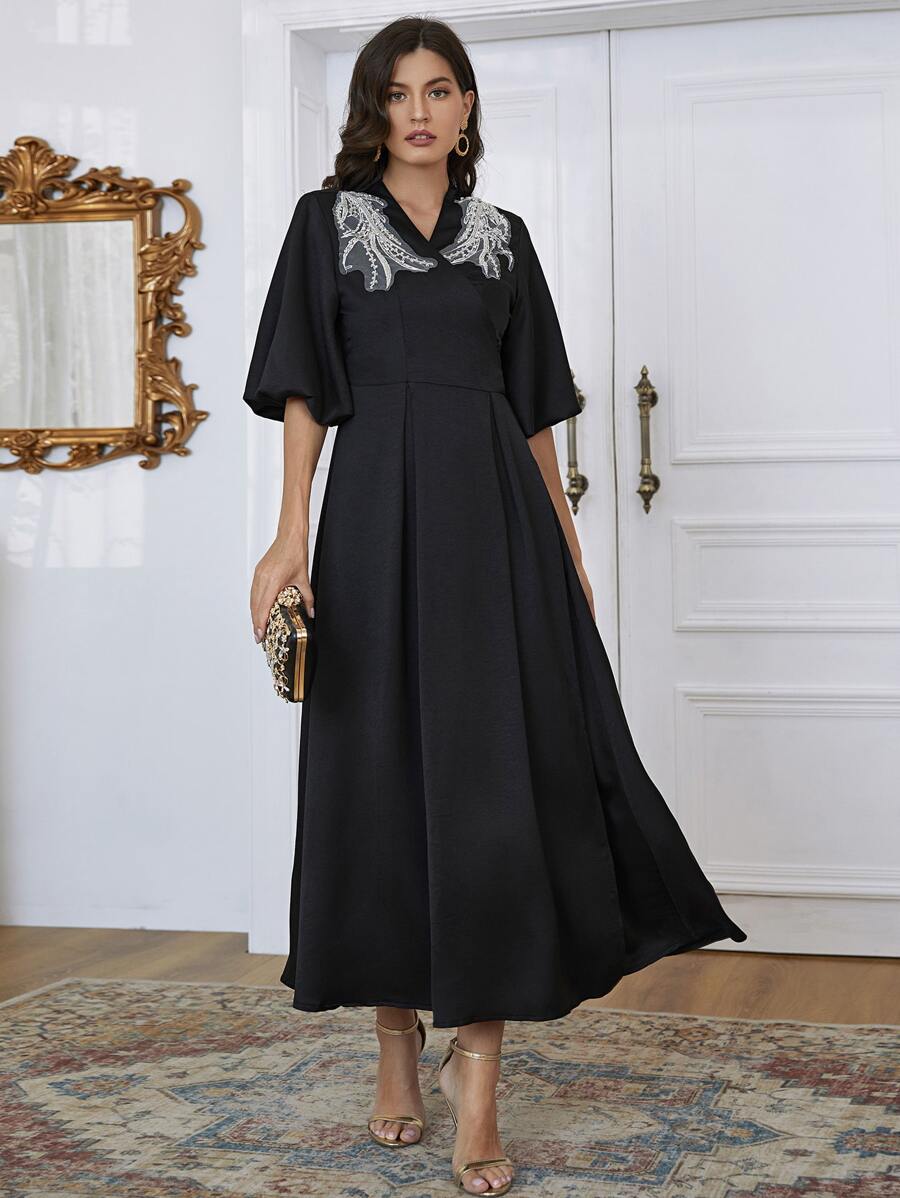 Modelyn Rhinestone Beaded Tie Back Surplice A-line Dress - Black - View 1