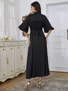 Modelyn Rhinestone Beaded Tie Back Surplice A-line Dress - Black - View 2