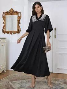 Modelyn Rhinestone Beaded Tie Back Surplice A-line Dress - Black - View 3