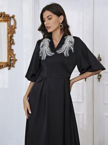 Modelyn Rhinestone Beaded Tie Back Surplice A-line Dress - Black - View 5