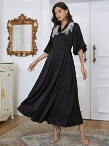 Modelyn Rhinestone Beaded Tie Back Surplice A-line Dress - Black - View 6