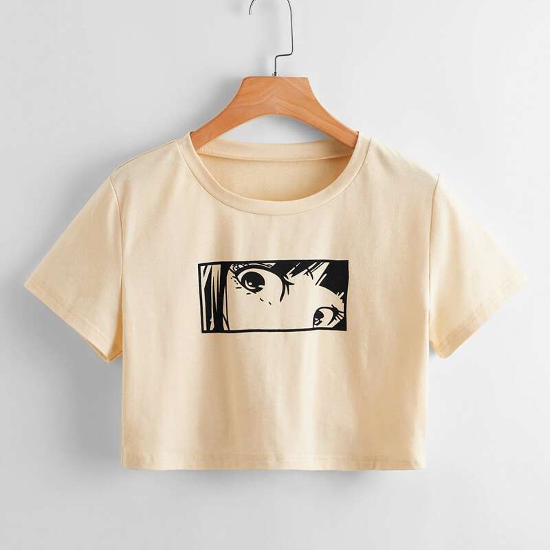 

Cartoon Figure Graphic Crop Boxy Tee, Apricot