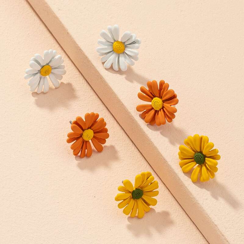 

3pairs Daisy Stud Earrings, Multicolor