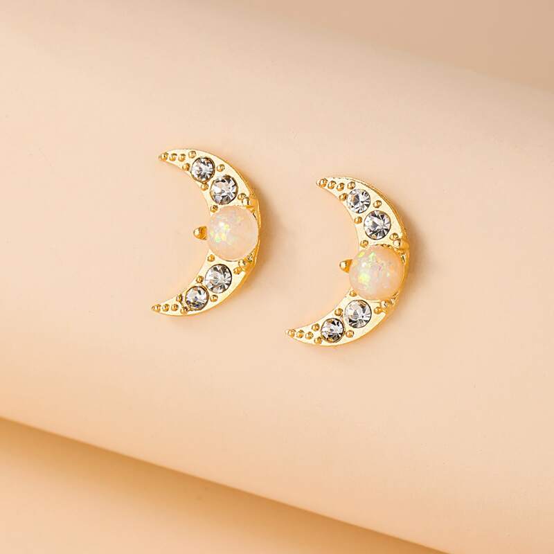 

Rhinestone Moon Stud Earrings, Gold