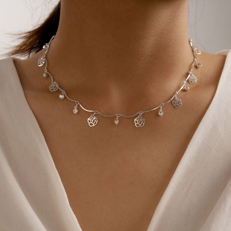 

Rhinestone Flower Charm Necklace, Silver