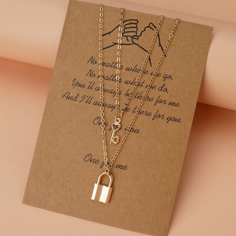 

2pcs Heart Key & Lock Charm Necklace, Gold