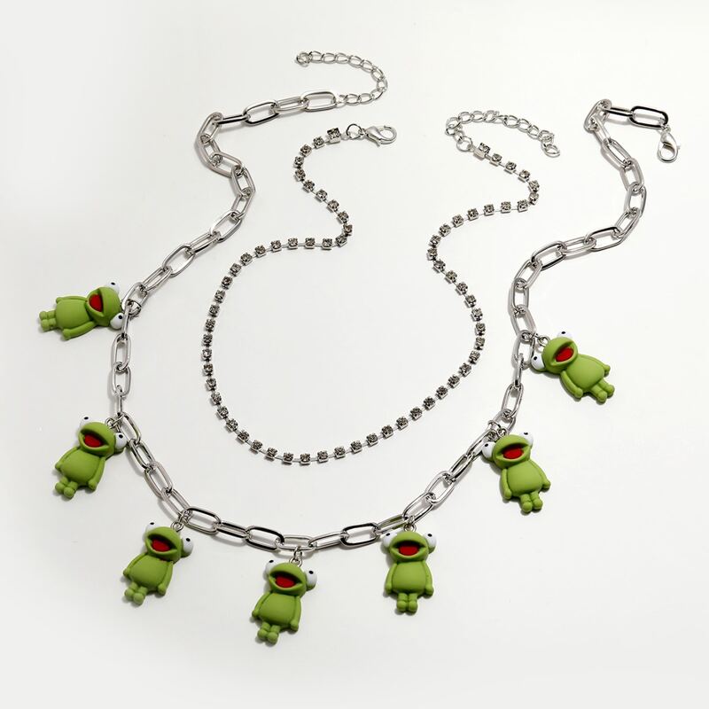 

2pcs Rhinestone Frog Charm Necklace, Silver