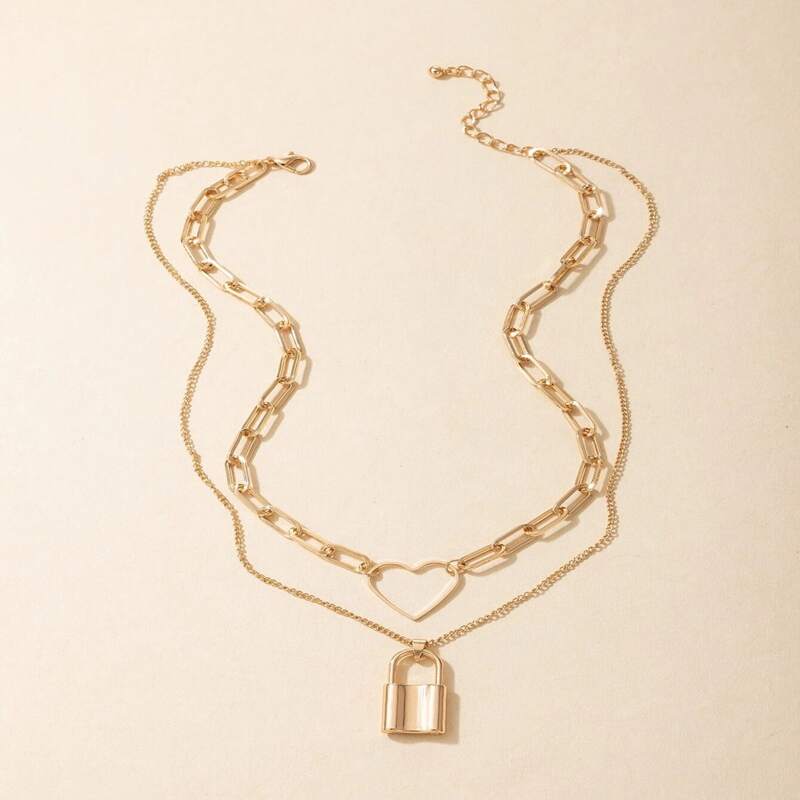 Lock & Heart Pendant Layered Necklace, Gold