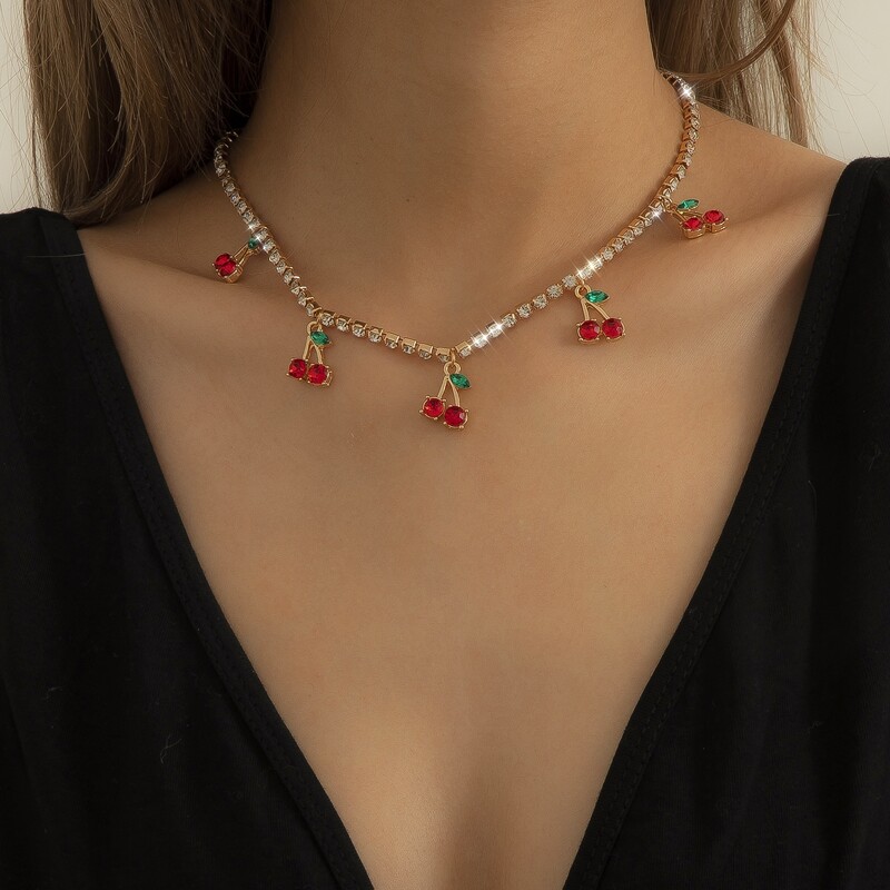 

Rhinestone Cherry Charm Necklace, Gold