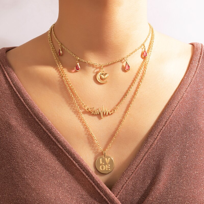 

Letter & Moon Pendant Layered Necklace, Gold