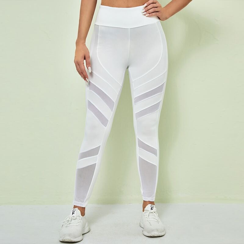 

High Waist Mesh Panel Sports Leggings, White