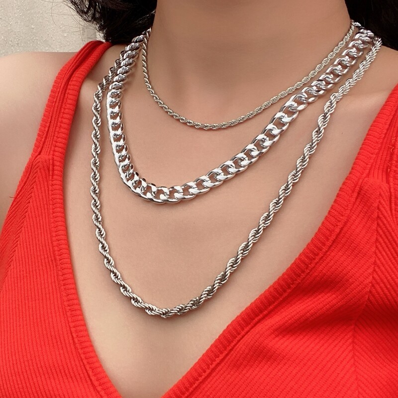 

3pcs Chunky Chain Necklace, Silver