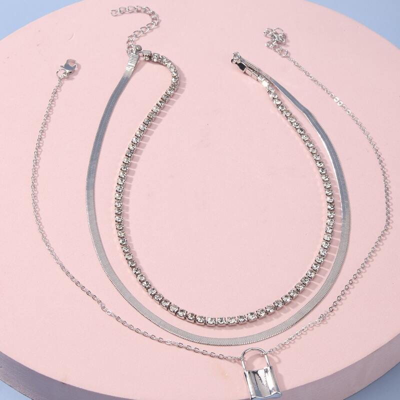 

2pcs Rhinestone Lock Charm Necklace, Silver