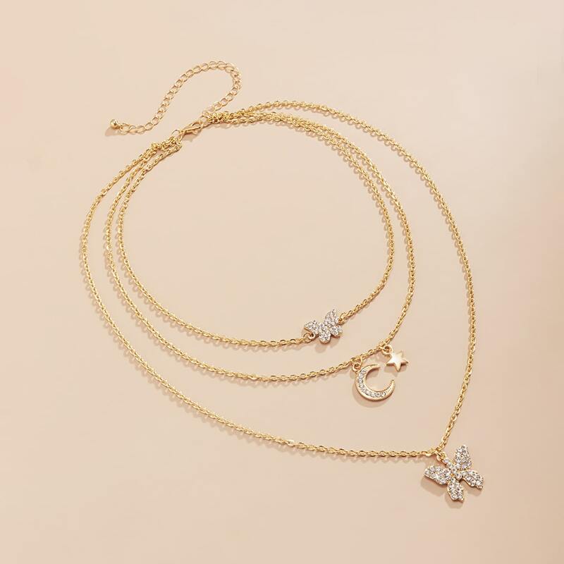 

Rhinestone Butterfly Layered Necklace, Gold