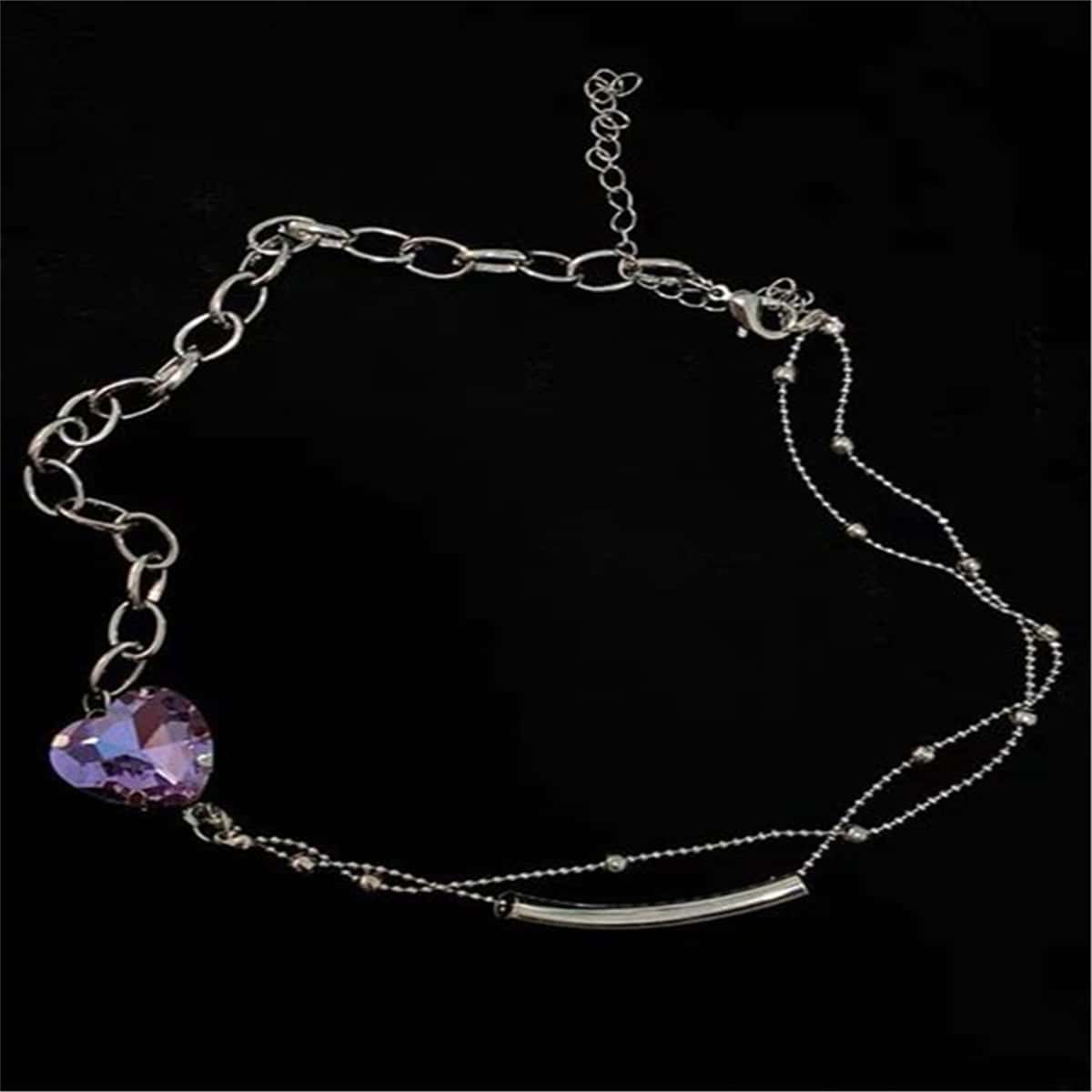 

Rhinestone Heart Charm Choker, Purple