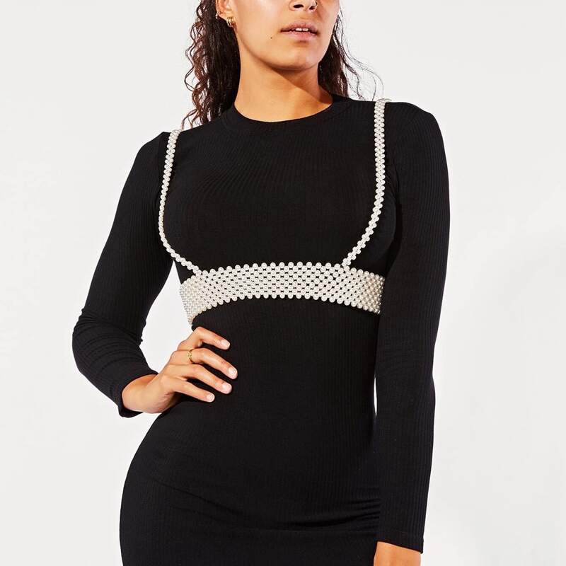 

Faux Pearl Beaded Belt, Black