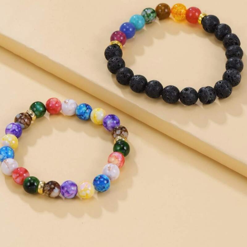 

2pcs Colorful Beaded Bracelet, Multicolor