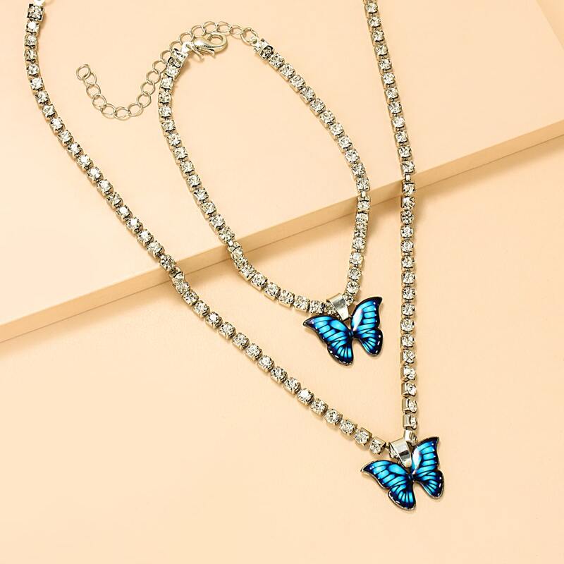 

1pc Butterfly Rhinestone Necklace & 1pc Bracelet, Blue