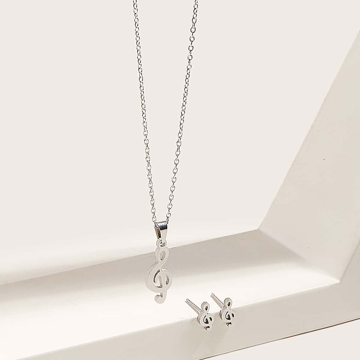 

1pair Music Note Stud Earrings & 1pc Necklace, Silver