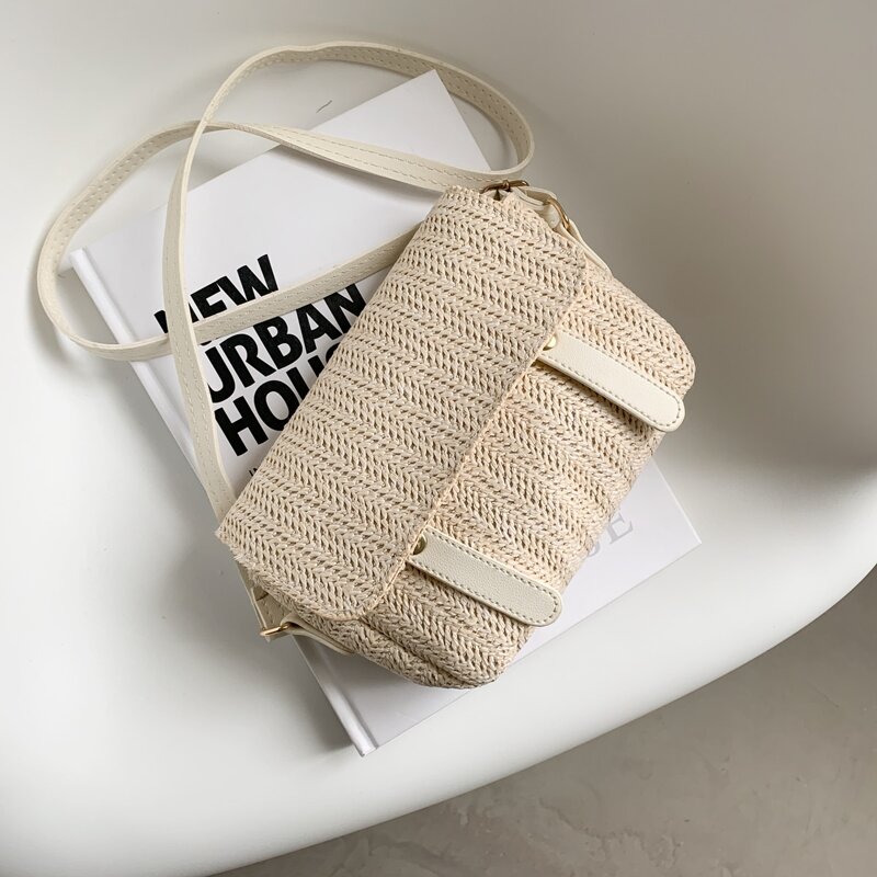 

Straw Flap Crossbody Bag, Beige